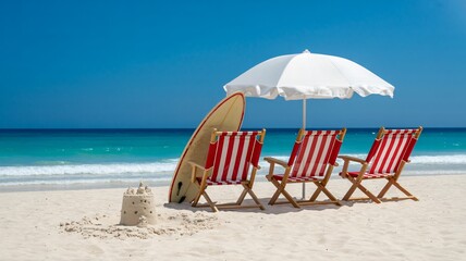 Picture summer paradise with surfboards, chairs and umbrella on tropical beach