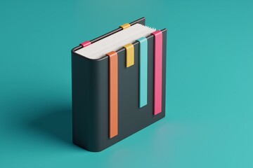 Fototapeta premium Black book on teal background, colorful sticky tabs along spine. Minimalist design, clean lines, modern aesthetic.