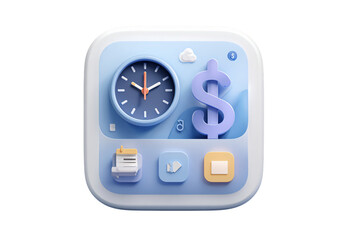 Financial management app interface icon, time, money, and task tracking.
