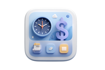 Financial management app interface icon, time, money, and task tracking.