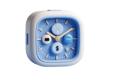 Modern stylized smart clock with finance and weather icons, time management concept