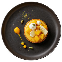 Delicious gourmet mango tart dessert, sweet pastry food with white chocolate, elegantly presented on plate
