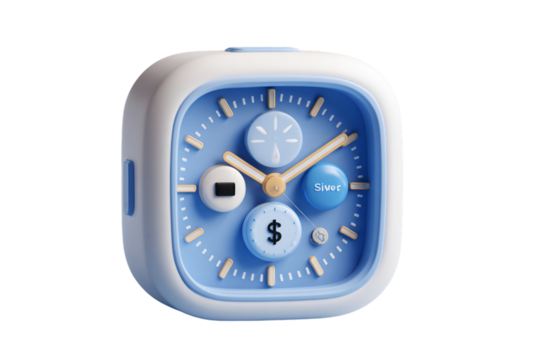 Modern stylized smart clock with finance and weather icons, time management concept