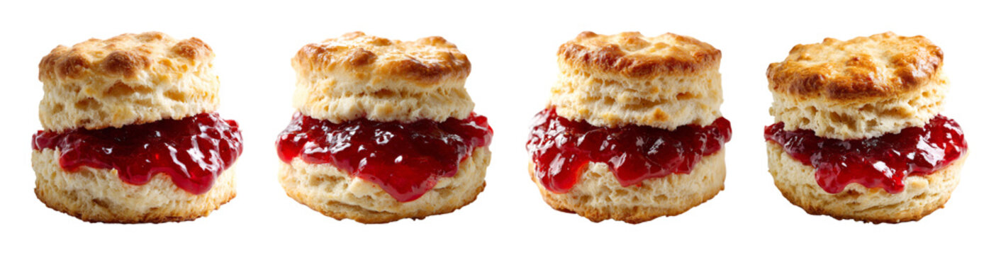 Delicious jam scone closeup, a sweet treat perfect for breakfast or afternoon tea, presented as a PNG set with transparent background