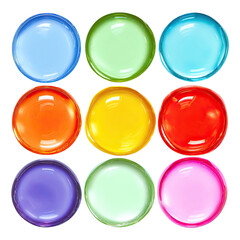 Nine shiny, colorful, round buttons arranged in a square grid