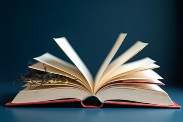 Open book with red ribbon bookmark, pages fanned out against dark background. Calm study scene, timeless knowledge symbol.