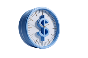 Time is money concept: blue dollar sign clock face, isolated on a white backdrop