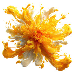 Yellow and white swirling paint splash, flower-like against black