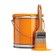 Glossy orange paint can with brush, drips
