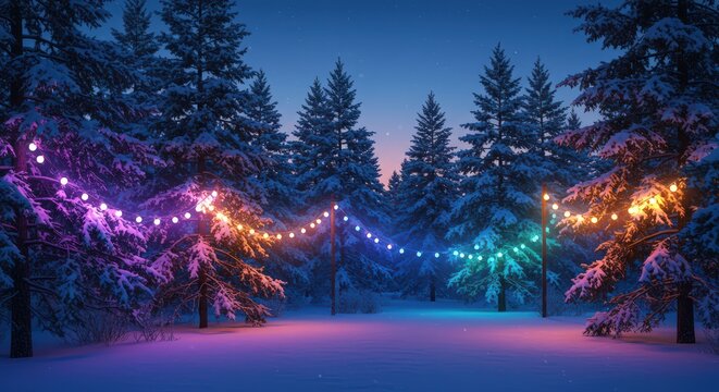 A winter scene with snow covered trees and colorful christmas lights hanging between the trees at dusk - Powered by Adobe