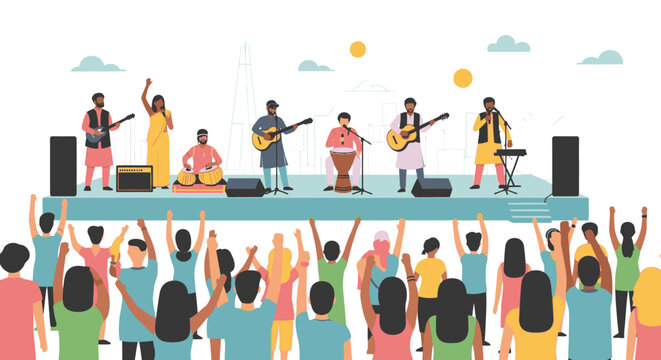 A diverse band performs on stage for an enthusiastic crowd at an outdoor music festival.