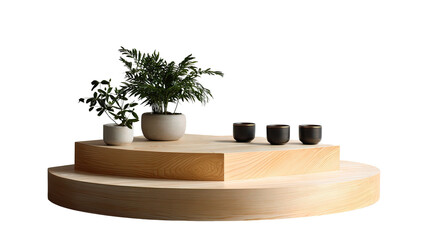 Tiered platform with plants and cups against a dark background