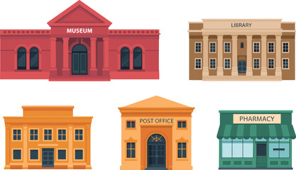 Set of public service building illustrations, including museum, library, post office, pharmacy, government architecture, civic institutions, and city landmarks