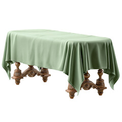 Table with sage tablecloth; ornately carved wooden legs visible