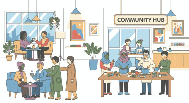 A diverse group of people engaging in social and creative activities at a community hub. - Powered by Adobe