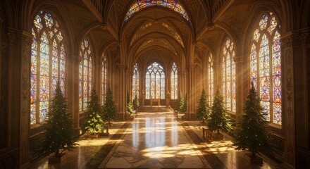 Grand hall decorated with christmas trees and stained glass windows in a cathedral setting
