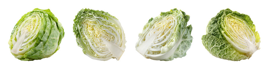 Fototapeta premium Fresh Savoy cabbage variety, vibrant green leaves and crisp texture, studio lighting, isolated on black background PNG set with transparent background