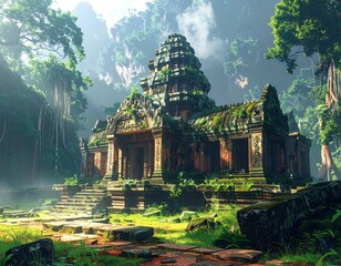 Ancient stone temple, overgrown with vegetation, in dense jungle