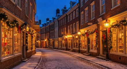 Naklejka premium Snowy street decorated for christmas with lights and wreaths at dusk in a european town setting