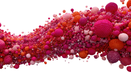 Pink, orange spheres clustered in undulating form against black