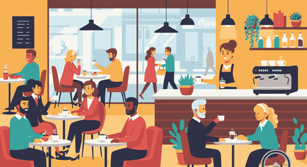 A bustling cafe scene with diverse patrons enjoying coffee and conversation, with baristas serving drinks.