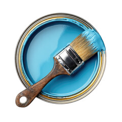 Paint can with blue liquid and brush, top view, isolated on black