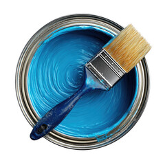 Aerial Blue paint in open can, paintbrush resting across the top