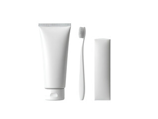 White toothbrush, toothpaste tube, and box on black backdrop