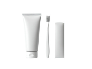 White toothbrush, toothpaste tube, and box on black backdrop