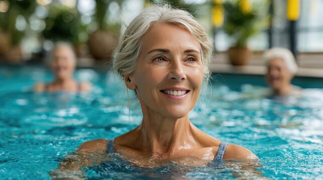 Senior women enjoying group swimming class in pool concept. Happy elderly woman enjoying time in a swimming pool.
