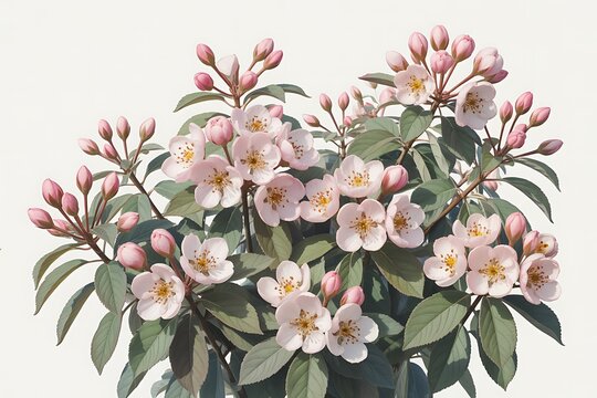 Delicate Pink Cherry Blossom Flowers and Buds on Green Branches with White Background Keywords: cherry blossom, sakura, pink flowers, spring, blooming, floral, nature, plant, branch, petal, bud