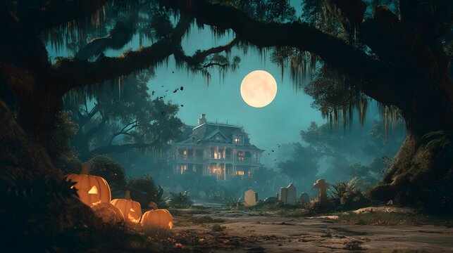 Spooky mansion and jack o' lanterns under a full moon in a misty graveyard