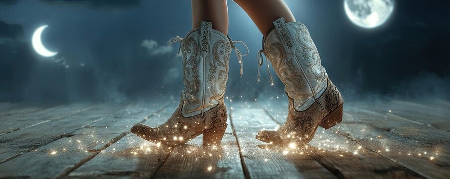 Women dancing in cowboy boots on wooden floor concept. Woman's boots sparkling under the moonlight on wooden floor.