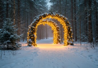 Illuminated arches in a snowy forest creating a magical winter scene with light and shadow play
