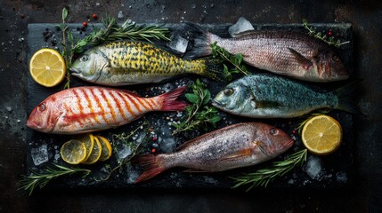 Top view of multiple fresh whole fish with herbs and lemon slices on dark stone surface, moisture and ice texture visible, professional food styling, 8k realistic detail, copy space