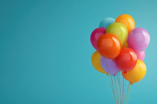 Cheerful latex balloons against a bold color backdrop with empty right-side area for text