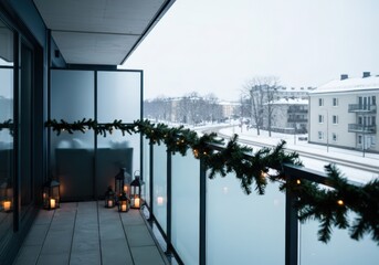 A balcony decorated with christmas garland and lanterns overlooking a snowy cityscape in winter