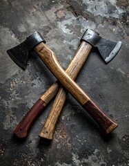 Two hand axes with wooden handles are crossed against a textured, mottled background with dark brown and grey tones