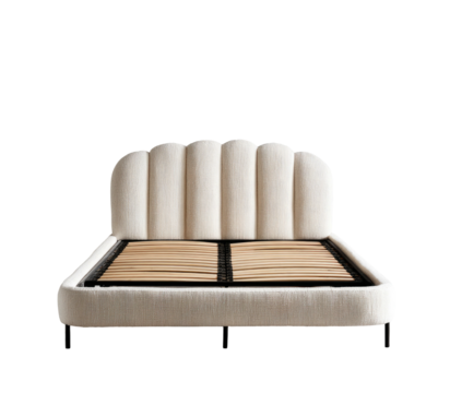 Bed frame with scallop headboard, off-white fabric, slatted wood base