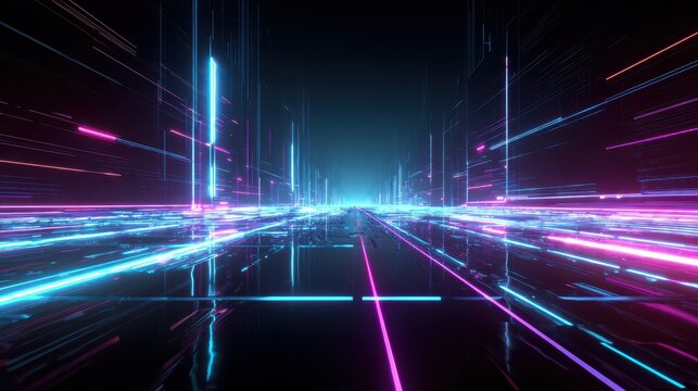 Cinematic Neon Corridor with Glowing Data Streams and Cyber Network Visualization