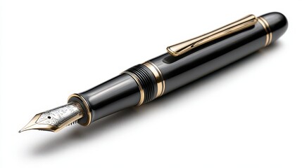 Classic fountain pen on a pristine white background &acirc;&euro;&rdquo; close-up studio shot highlighting the glossy black body and gold nib