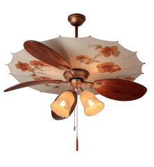Ornamental ceiling fan with fabric shade and floral details, lit bulbs