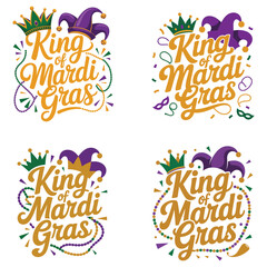Fototapeta premium King of Mardi Gras text with crowns and jester hats Keywords: Mardi Gras, king, text, lettering