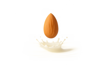 Almond dropping into vegan milk creating a splash, representing plant-based dairy milk alternatives and healthy ingredients
