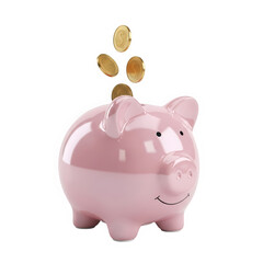 Obraz premium 3d pink piggy bank with falling coins isolated on transparent background