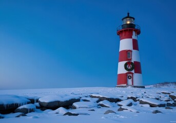A red and white lighthouse decorated with a christmas wreath in a snowy landscape against a blue sky