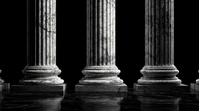 Classical marble columns with fluted shafts against a dark backdrop, 3D rendering
