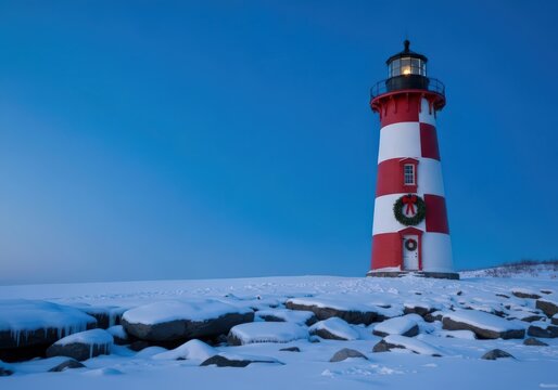A red and white lighthouse decorated with a christmas wreath in a snowy landscape against a blue sky