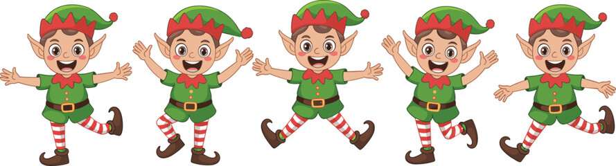 cute christmas elves cartoon illustration, happy santa helpers, festive holiday characters, cheerful elf group, christmas decoration design, vector artwork