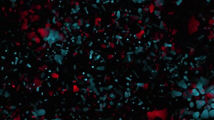 Abstract Red and Teal Blob Particles Floating on Black Background .Dynamic abstract animation of red and teal floating blob particles in smooth motion animation.